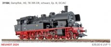 31184 Voie HO, Locomotive à vapeur, 78 395 DR, noire, III, DC/AC.