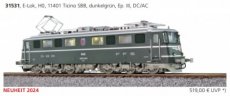 31531 Track HO, Electric locomotive, 11401 Ticino SBB, dark green, III, DC/AC.