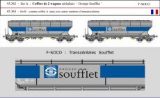 45.363 Voie HO, F-SOCO, Set B, 2 wagons céréaliers 'Groupe Soufflet', avec autres numéros d’immatriculation.